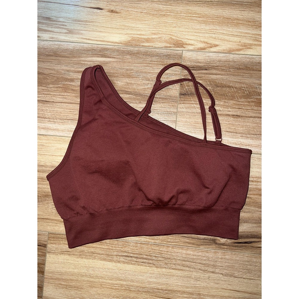 QINSEN Sports Bra Wm Med Brown One Shoulder Asymmetrical Strappy Yoga Athleisure